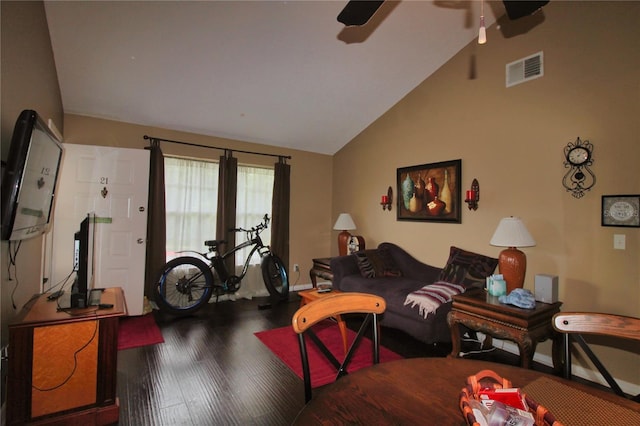 6338 Spring Flower Dr Unit 21, New Port Richey, FL 34653 - living room featuring wood finished floors, ceiling fan, and high vaulted ceiling
