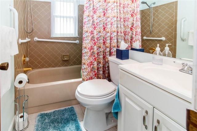9630 Eldridge Rd, Spring Hill, FL 34608 - full bathroom featuring toilet, vanity, shower / tub combo with curtain, and tile patterned floors