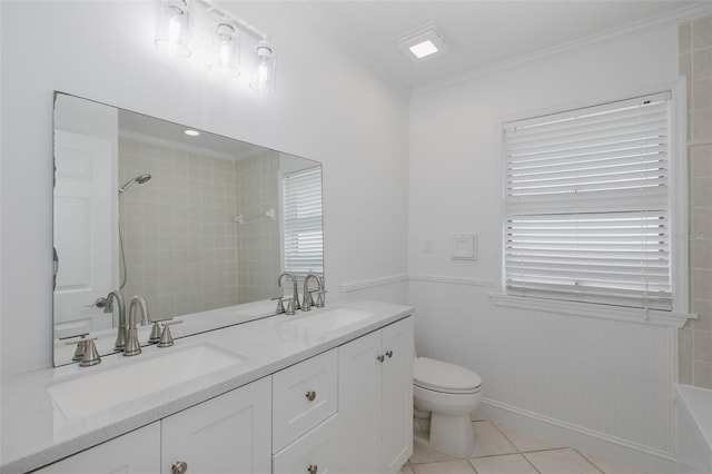3150 Trident Ter, New Port Richey, FL 34652 - full bathroom featuring double vanity, tile patterned floors, a shower, a bath, and crown molding