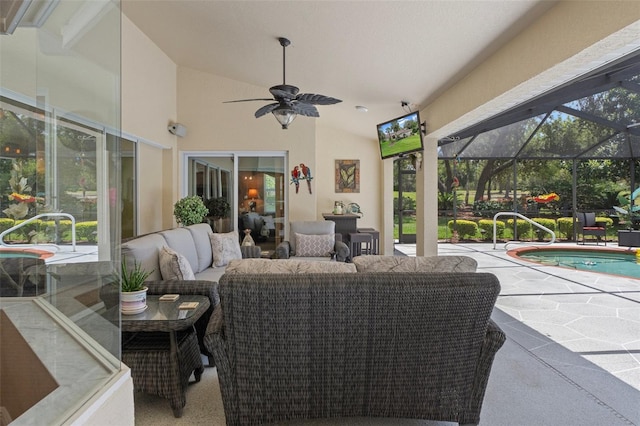 690 E Jenkins Ct, Hernando, FL 34442 - view of patio / terrace featuring outdoor lounge area, ceiling fan, an outdoor pool, and glass enclosure