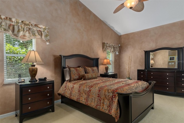690 E Jenkins Ct, Hernando, FL 34442 - bedroom with light carpet, vaulted ceiling, and a ceiling fan