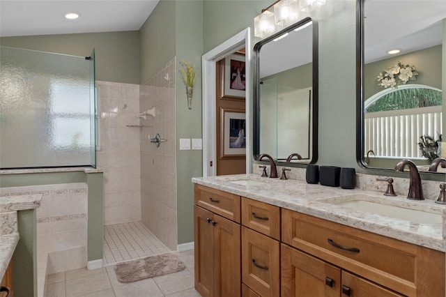 690 E Jenkins Ct, Hernando, FL 34442 - bathroom with double vanity, a walk in shower, and tile patterned floors