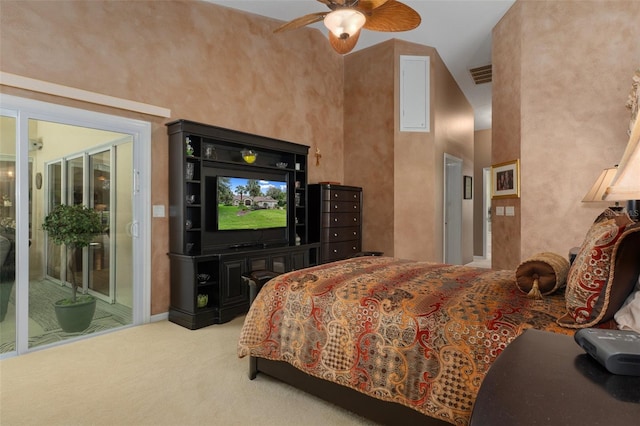 690 E Jenkins Ct, Hernando, FL 34442 - bedroom featuring carpet floors, high vaulted ceiling, access to exterior, and ceiling fan