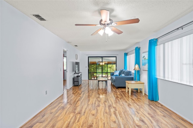 13009 Wedgewood Way Unit 63-D, Hudson, FL 34667 - sitting room featuring a ceiling fan, light wood-style floors, and a textured ceiling