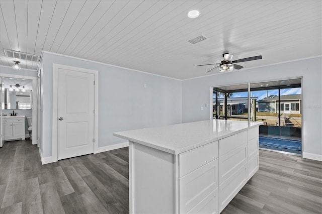 13821 Judy Ave, Hudson, FL 34667 - kitchen featuring white cabinets, wooden ceiling, ceiling fan, a kitchen island, and wood finished floors