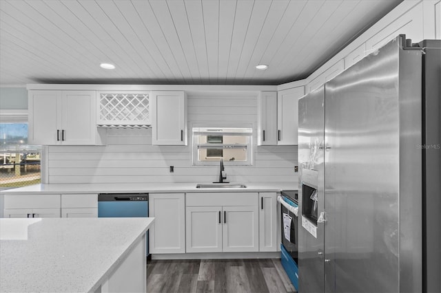 13821 Judy Ave, Hudson, FL 34667 - kitchen featuring appliances with stainless steel finishes, a sink, wood ceiling, white cabinetry, and dark wood-type flooring