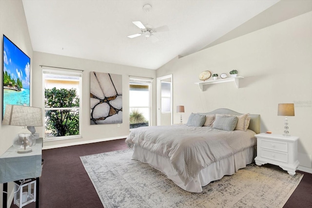 10935 New Brighton Ct, New Port Richey, FL 34654 - bedroom featuring vaulted ceiling, carpet flooring, multiple windows, and a ceiling fan