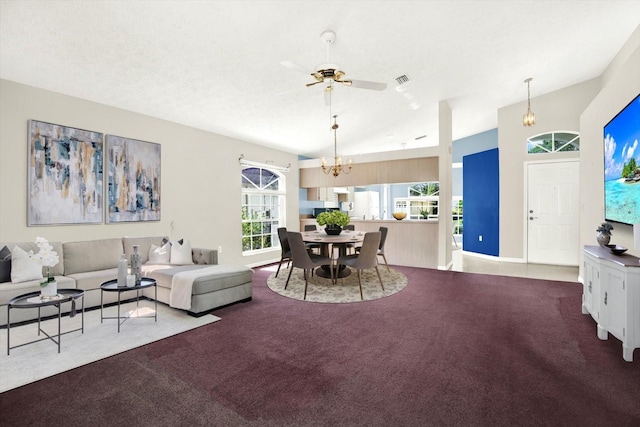 10935 New Brighton Ct, New Port Richey, FL 34654 - carpeted living room featuring a chandelier and ceiling fan