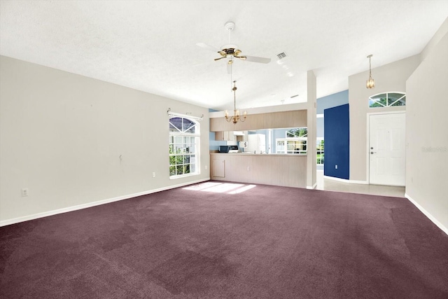 10935 New Brighton Ct, New Port Richey, FL 34654 - unfurnished living room with a chandelier, plenty of natural light, ceiling fan, and carpet