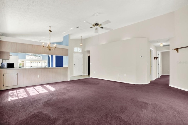 10935 New Brighton Ct, New Port Richey, FL 34654 - unfurnished living room featuring high vaulted ceiling, carpet flooring, a chandelier, and ceiling fan