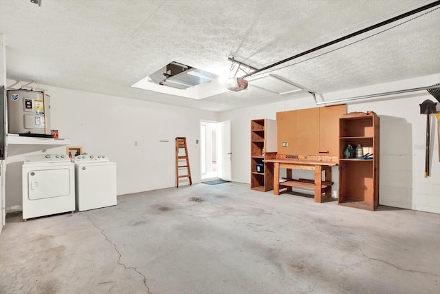 10935 New Brighton Ct, New Port Richey, FL 34654 - garage featuring water heater, a garage door opener, independent washer and dryer, and a workshop area