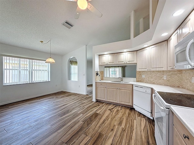 3317 Abigail Ct, New Port Richey, FL 34655 - kitchen with white appliances, wood finished floors, light countertops, ceiling fan, and a textured ceiling