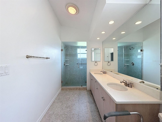 3317 Abigail Ct, New Port Richey, FL 34655 - full bath featuring a stall shower, double vanity, tile patterned flooring, and recessed lighting