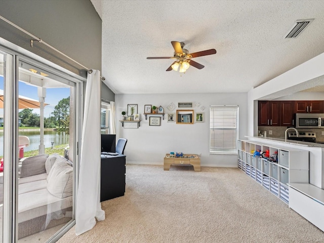 4716 Wolfram Ln, New Port Richey, FL 34653 - living room featuring ceiling fan, plenty of natural light, light carpet, and a textured ceiling