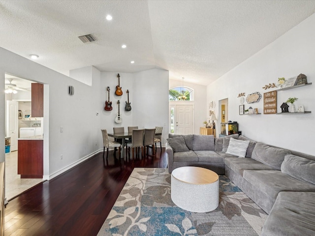 4716 Wolfram Ln, New Port Richey, FL 34653 - living room featuring hardwood / wood-style flooring, a textured ceiling, vaulted ceiling, ceiling fan, and recessed lighting