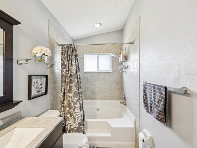 4716 Wolfram Ln, New Port Richey, FL 34653 - bathroom featuring shower / bathtub combination with curtain, vanity, vaulted ceiling, and a textured ceiling