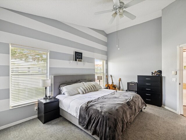 4716 Wolfram Ln, New Port Richey, FL 34653 - bedroom with light colored carpet, lofted ceiling, and ceiling fan