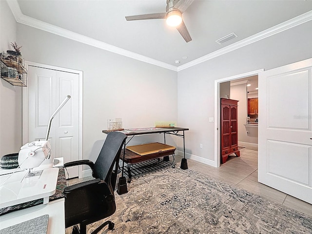 4082 Watson Dr, New Port Richey, FL 34655 - home office with a ceiling fan, ornamental molding, and light tile patterned floors