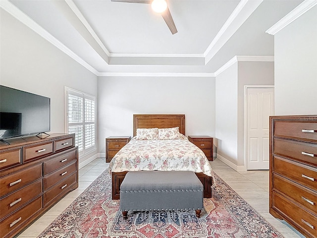 4082 Watson Dr, New Port Richey, FL 34655 - bedroom with a tray ceiling, a ceiling fan, crown molding, and light tile patterned floors