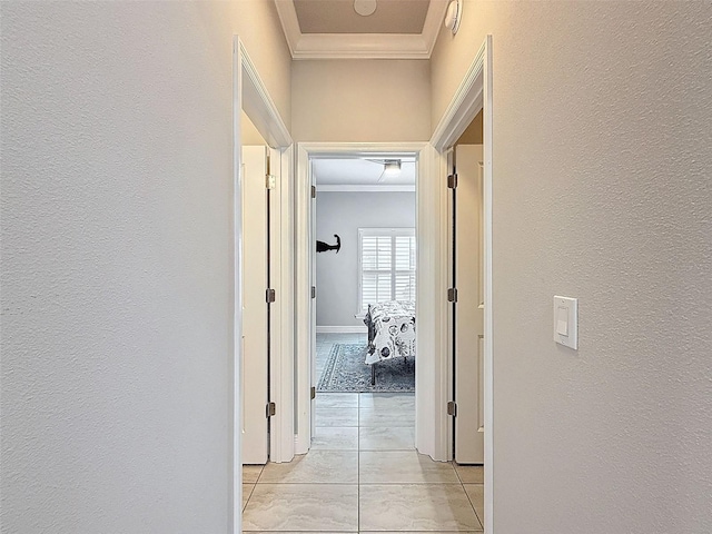 4082 Watson Dr, New Port Richey, FL 34655 - hall featuring ornamental molding, a textured wall, and light tile patterned floors