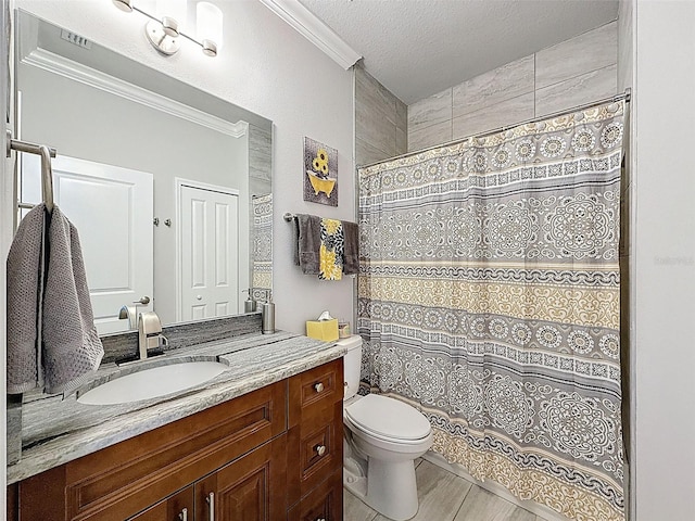 4082 Watson Dr, New Port Richey, FL 34655 - full bathroom with vanity, ornamental molding, a textured ceiling, and curtained shower