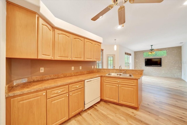 9130 Madrid Rd, Weeki Wachee, FL 34613 - kitchen featuring dishwasher, a ceiling fan, light wood finished floors, and light brown cabinetry