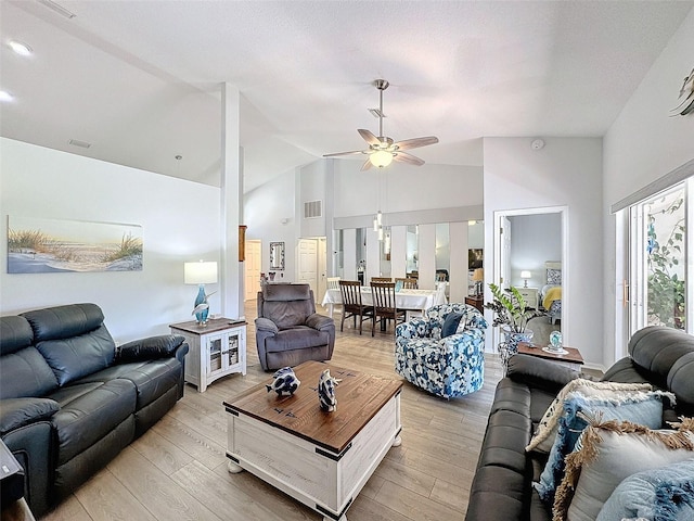 7518 Mediterranean Ct, Hudson, FL 34667 - living area featuring ceiling fan, high vaulted ceiling, and light wood-type flooring