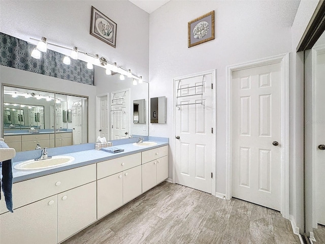 7518 Mediterranean Ct, Hudson, FL 34667 - full bath with double vanity, wood finished floors, and a high ceiling