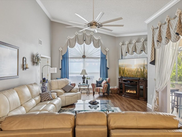 11144 Brambleleaf Way, Hudson, FL 34667 - living room featuring wood finished floors, ceiling fan, crown molding, a glass covered fireplace, and a textured ceiling