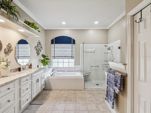 11144 Brambleleaf Way, Hudson, FL 34667 - full bath with vanity, a bath, a tile shower, ornamental molding, and a textured ceiling
