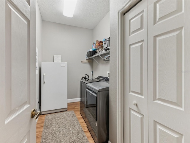 11144 Brambleleaf Way, Hudson, FL 34667 - laundry area featuring washing machine and dryer, light wood finished floors, and a textured ceiling