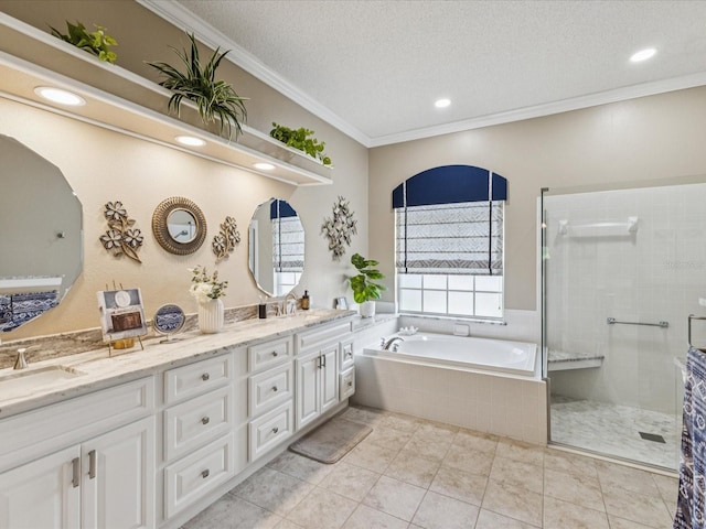 11144 Brambleleaf Way, Hudson, FL 34667 - full bath featuring double vanity, a bath, plenty of natural light, crown molding, and a tile shower