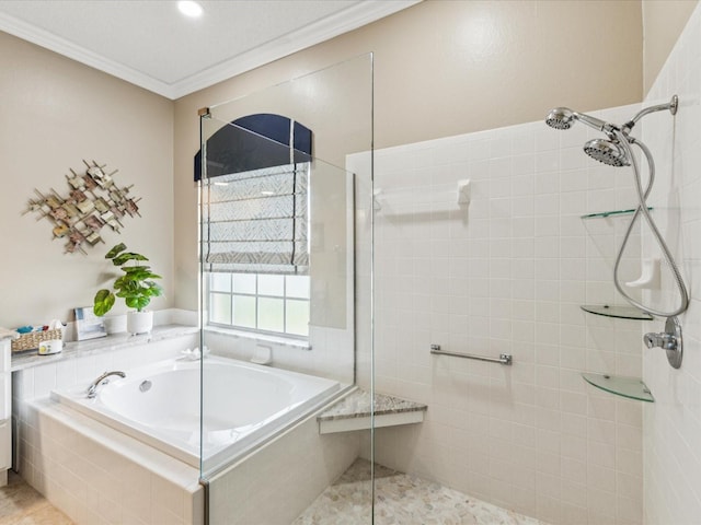 11144 Brambleleaf Way, Hudson, FL 34667 - bathroom with a tile shower, ornamental molding, a bath, and tile patterned flooring