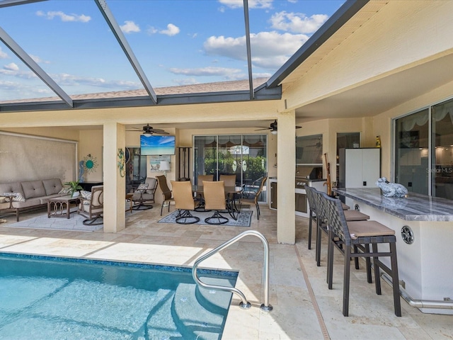 11144 Brambleleaf Way, Hudson, FL 34667 - outdoor pool with ceiling fan, a patio, and an outdoor hangout area