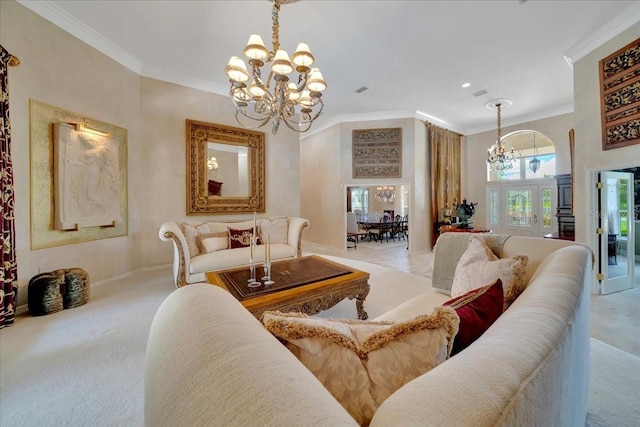 7275 Crystal Spring Run, Weeki Wachee, FL 34607 - carpeted living room featuring a chandelier and crown molding