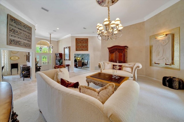7275 Crystal Spring Run, Weeki Wachee, FL 34607 - living area featuring a chandelier, ornamental molding, light colored carpet, and recessed lighting