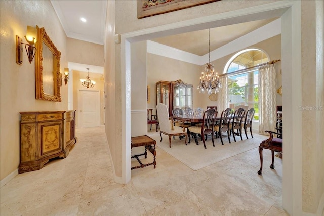 7275 Crystal Spring Run, Weeki Wachee, FL 34607 - dining room with a chandelier, ornamental molding, and a high ceiling