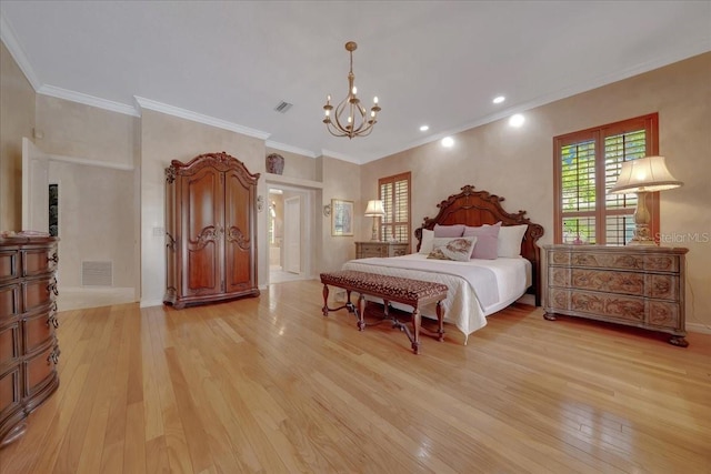 7275 Crystal Spring Run, Weeki Wachee, FL 34607 - bedroom featuring light wood-style flooring, a chandelier, crown molding, and recessed lighting