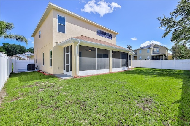 13772 Dunwoody Dr, Spring Hill, FL 34609 - back of property with a sunroom, a fenced backyard, stucco siding, and a ceiling fan