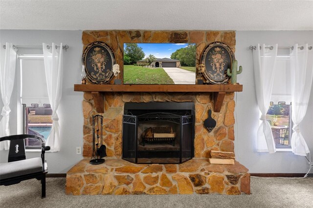 1376 Fayetteville Dr, Spring Hill, FL 34609 - detailed view of carpet flooring, a stone fireplace, and a textured ceiling