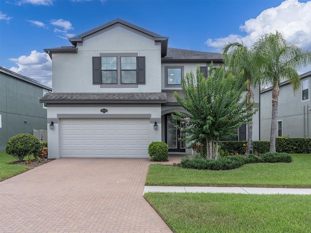 19326 Long Lake Ranch Blvd, Lutz, FL 33558 - traditional-style home with decorative driveway, stucco siding, a garage, and a front yard