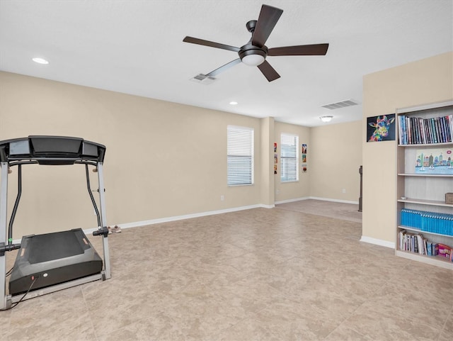19326 Long Lake Ranch Blvd, Lutz, FL 33558 - workout room with ceiling fan and recessed lighting