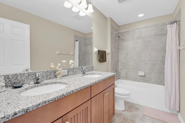 19326 Long Lake Ranch Blvd, Lutz, FL 33558 - full bathroom with shower / tub combo with curtain, double vanity, and tile patterned flooring