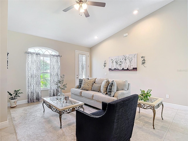 12323 House Finch, Weeki Wachee, FL 34614 - living area with vaulted ceiling, light tile patterned floors, a ceiling fan, and recessed lighting