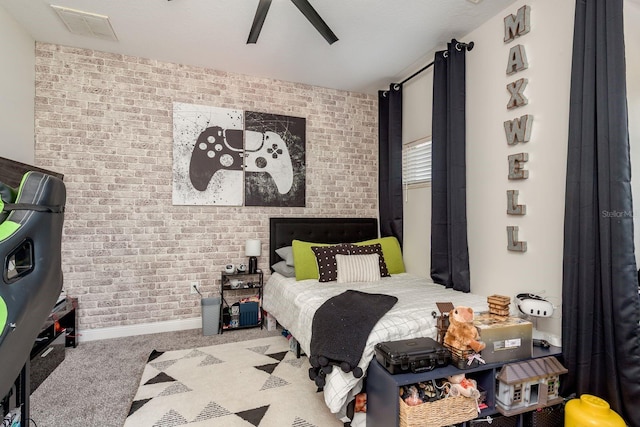 10342 Altrara Way, Trinity, FL 34655 - carpeted bedroom with brick wall and ceiling fan