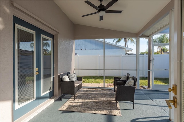 4752 Weasel Dr, New Port Richey, FL 34653 - sunroom featuring french doors, lofted ceiling, ceiling fan, and healthy amount of natural light