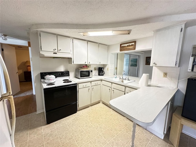 8312 Split Rail Ln, Hudson, FL 34667 - kitchen with electric range, stainless steel microwave, under cabinet range hood, a peninsula, and light countertops