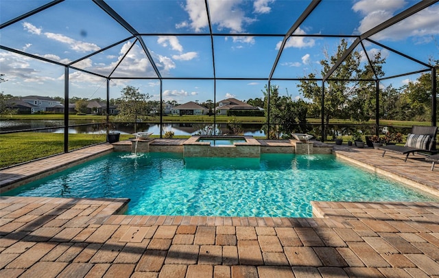 4197 Glade Wood Loop, New Port Richey, FL 34655 - view of swimming pool featuring a water view, a patio area, a pool with connected hot tub, a lanai, and a residential view