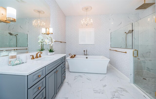 4197 Glade Wood Loop, New Port Richey, FL 34655 - bathroom featuring a chandelier, a marble finish shower, vanity, and a soaking tub