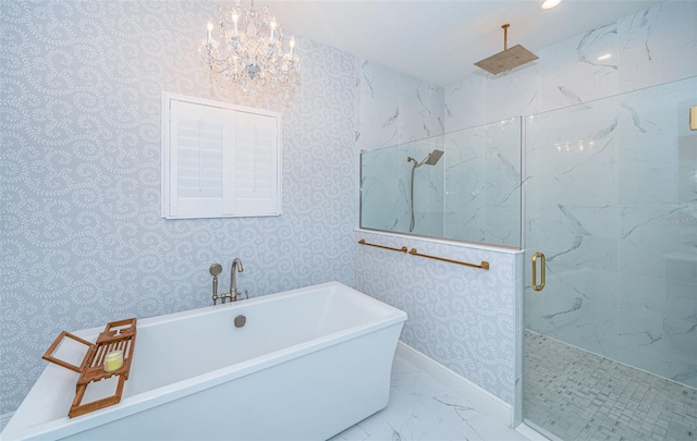 4197 Glade Wood Loop, New Port Richey, FL 34655 - bathroom featuring a marble finish shower, a chandelier, a freestanding bath, and marble finish flooring